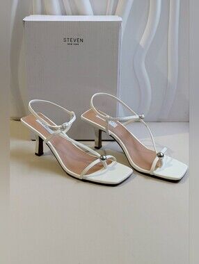 Steven New York Tamila White Strappy Heels Silver Size 8 NIB
